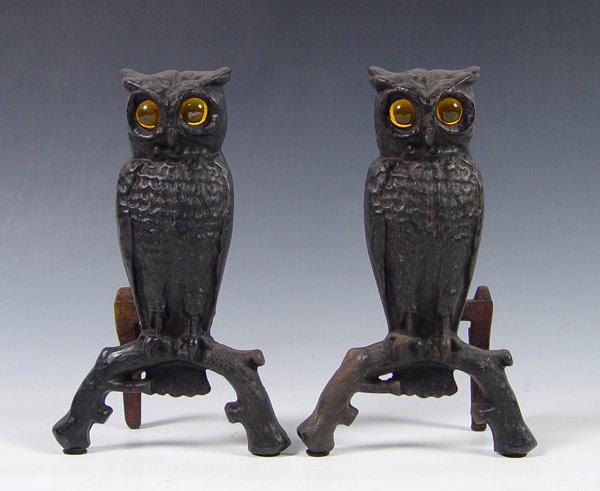 CAST IRON OWL ANDIRONS WITH GLASS
