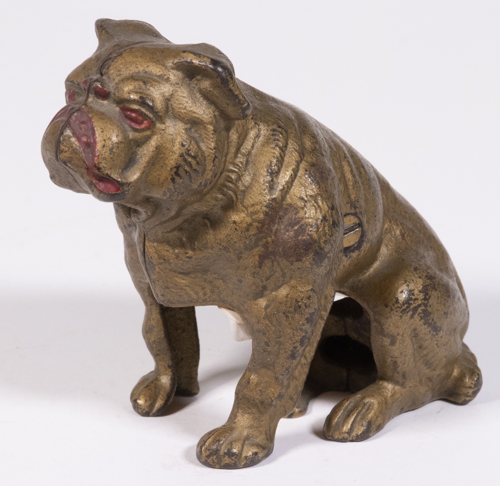 CAST IRON SEATED BULLDOG STILL BANK