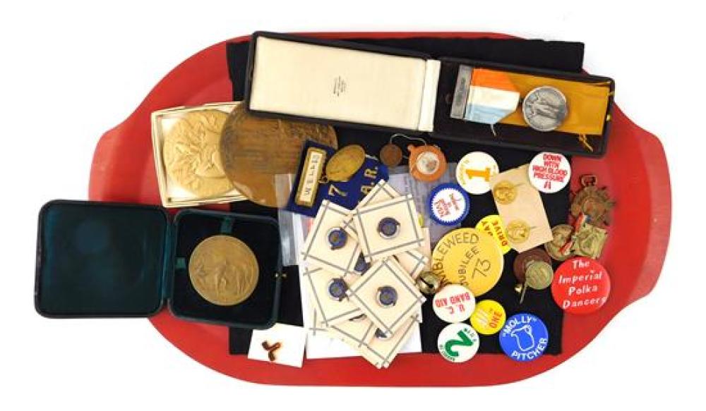 CAST METAL PINS, BUTTONS, MEDALS,