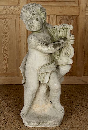 CAST STONE PUTTO AND LYRE GARDEN