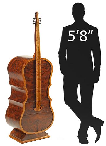 CELLO-SHAPED BURLWOOD CHEST OF