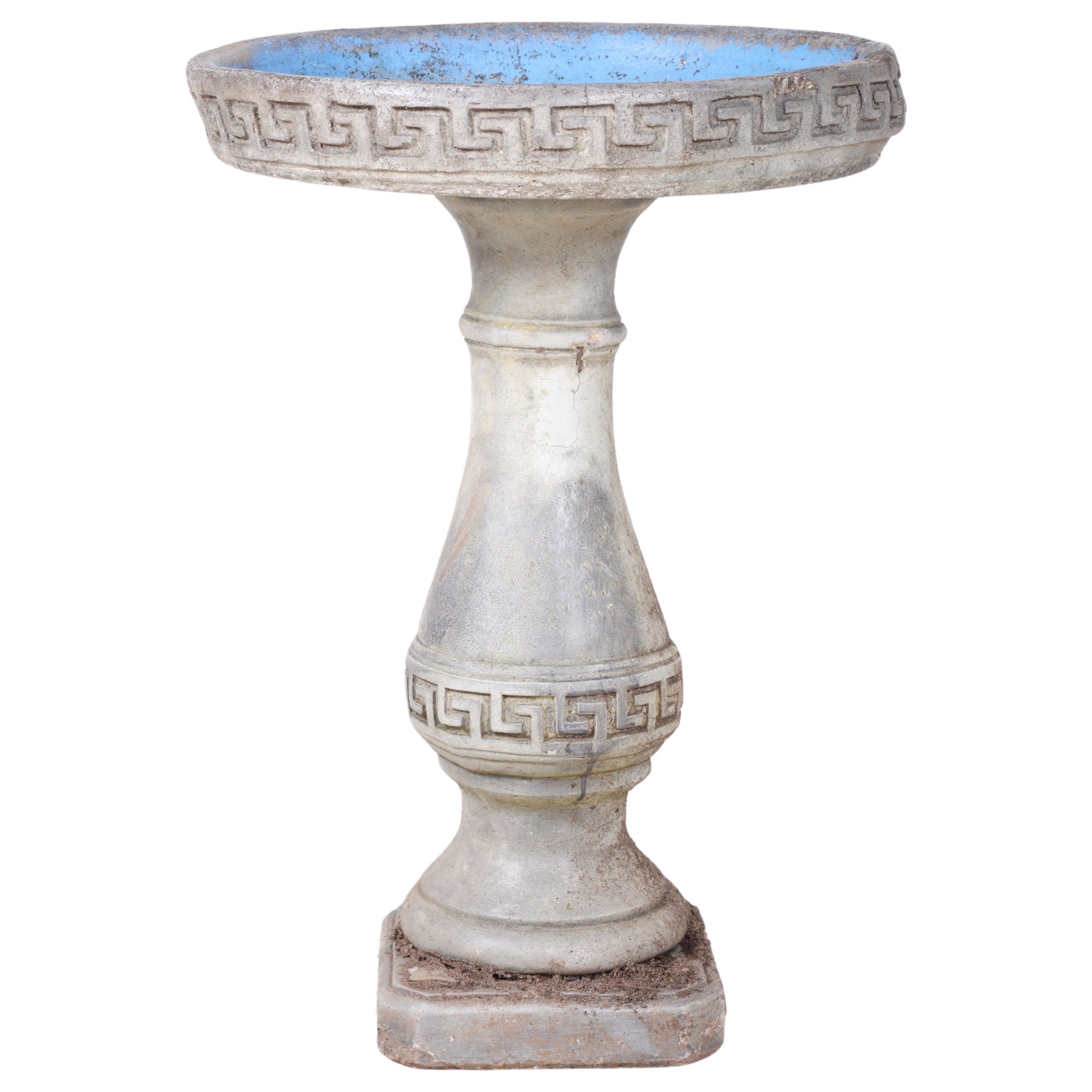Cement birdbath, greek key