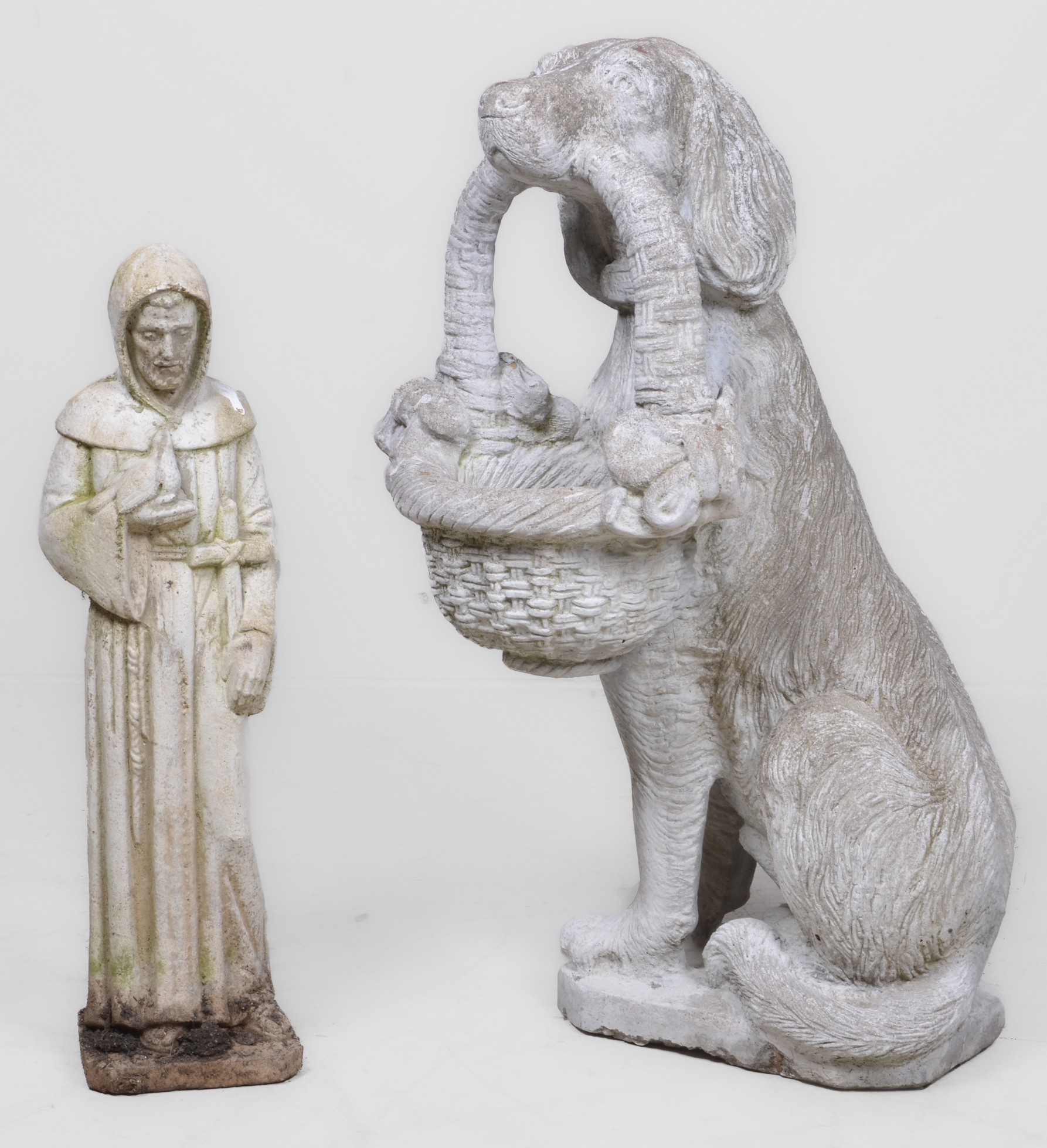 Cement dog planter with basket,