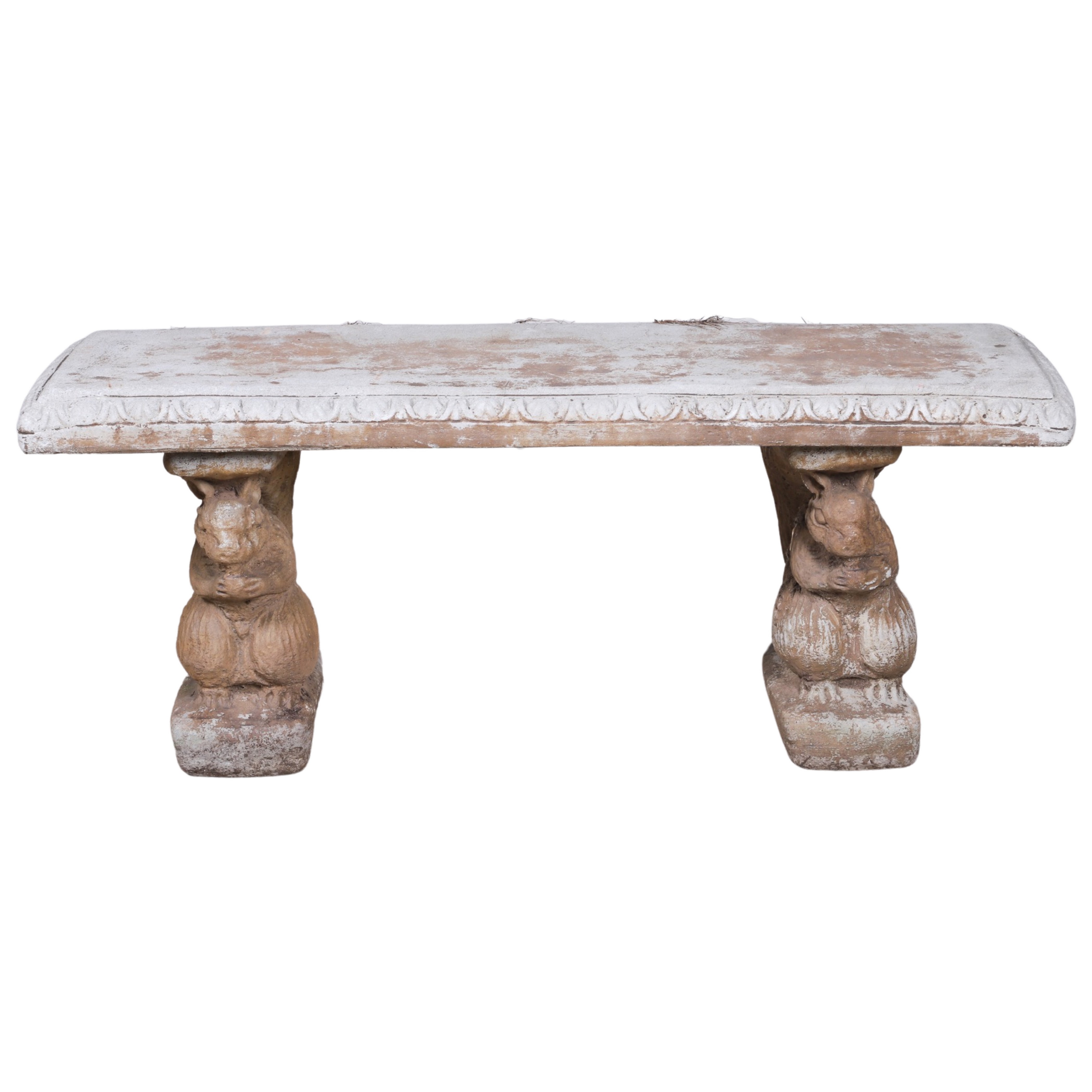 Cement garden bench, seat edge with