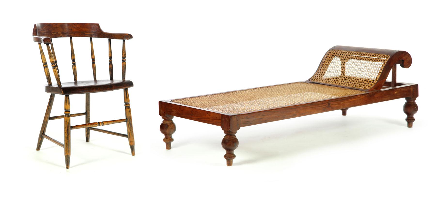 CHAISE LOUNGE AND WINDSOR ARMCHAIR.