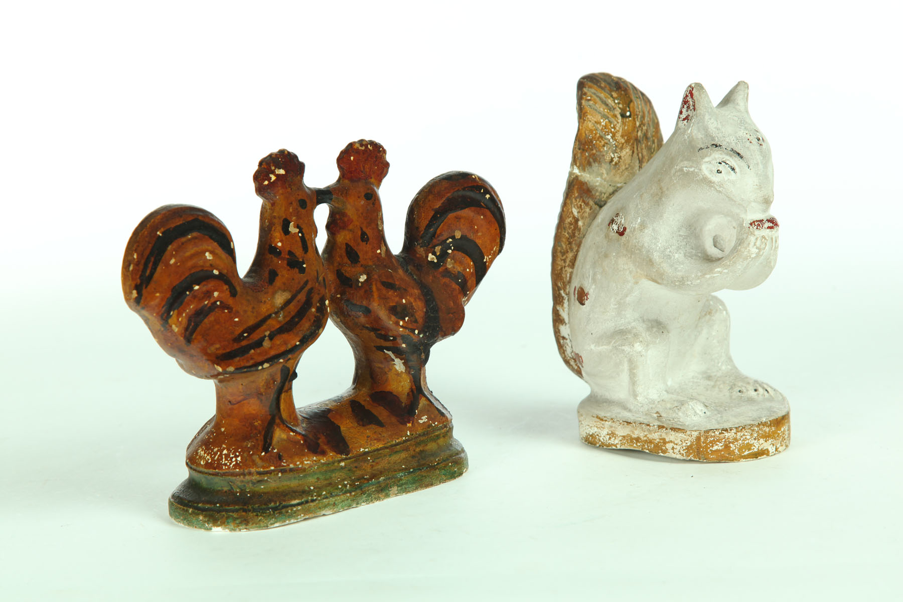 CHALKWARE SQUIRREL AND ROOSTERS. 