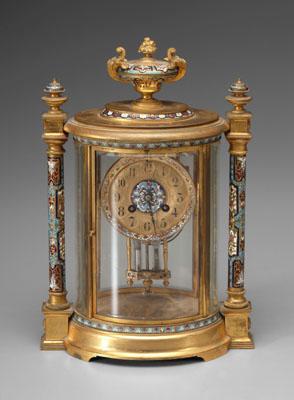 Champleve clock, urn pediment above