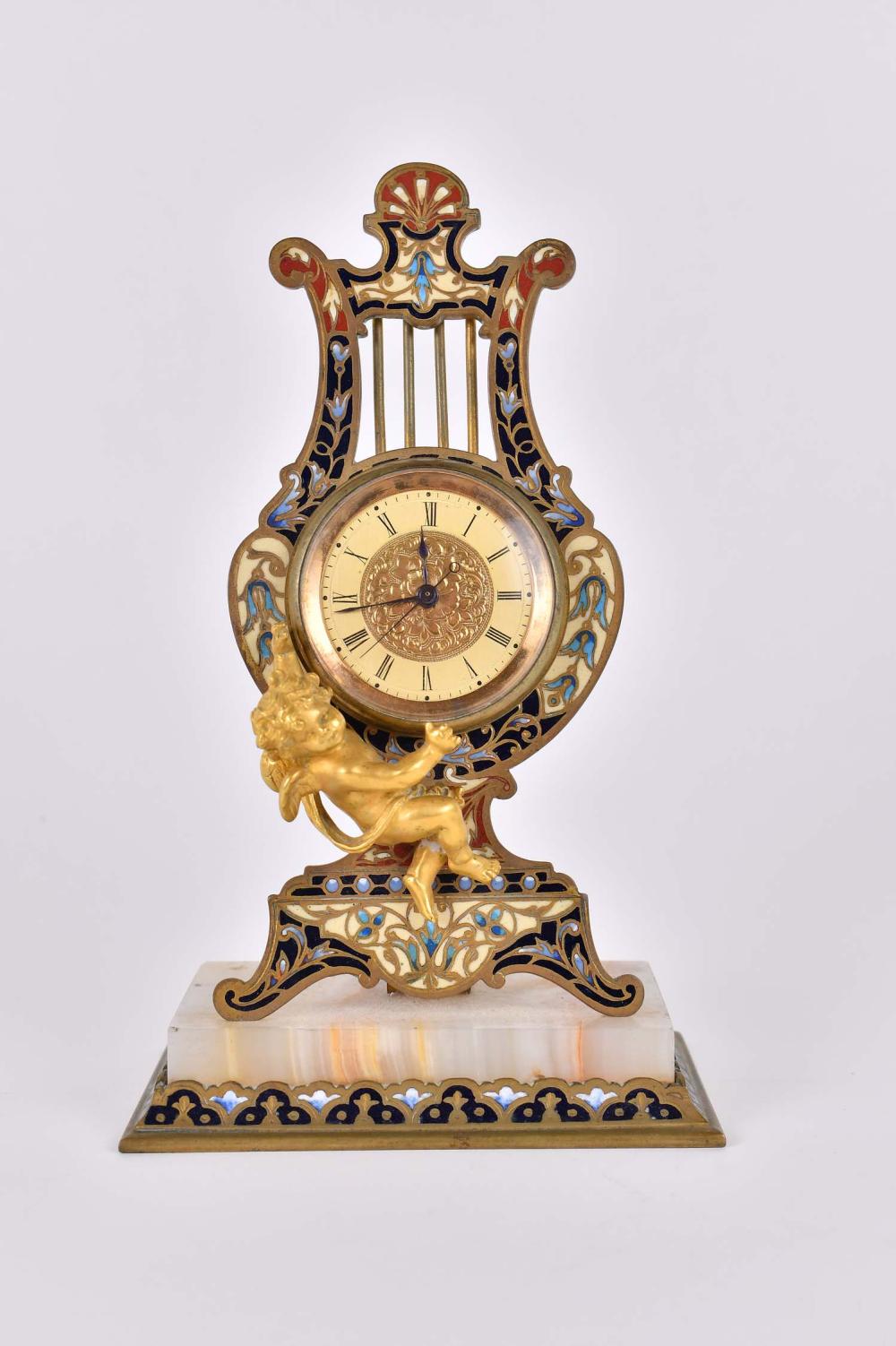 CHAMPLEVE ENAMEL & BRONZE LYRE-FORM
