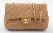 CHANEL BEIGE LINEN FLAP BAG WI