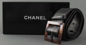 CHANEL BLACK LEATHER LOGO BELT