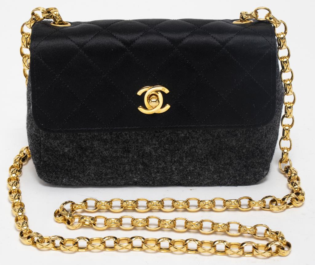 CHANEL BLACK SATIN AND GREY FELT