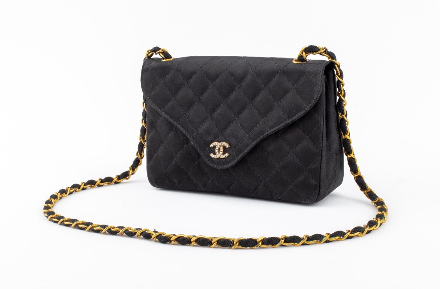 CHANEL BLACK SATIN FLAP SHOULDER