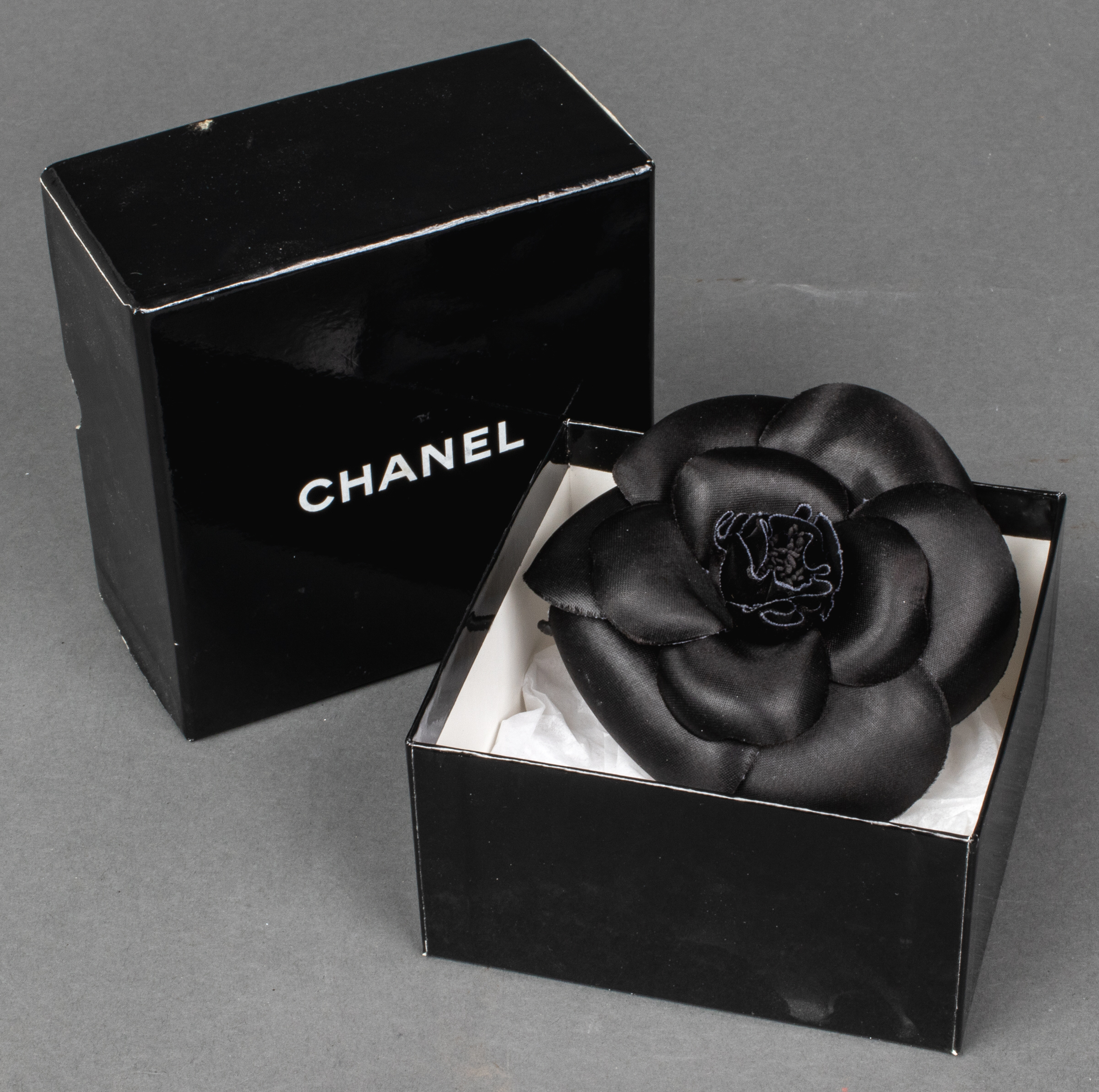 CHANEL BLACK SILK CAMELLIA BROOCH