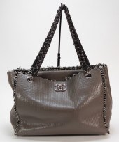 CHANEL GRAY LEATHER & TWEED TO