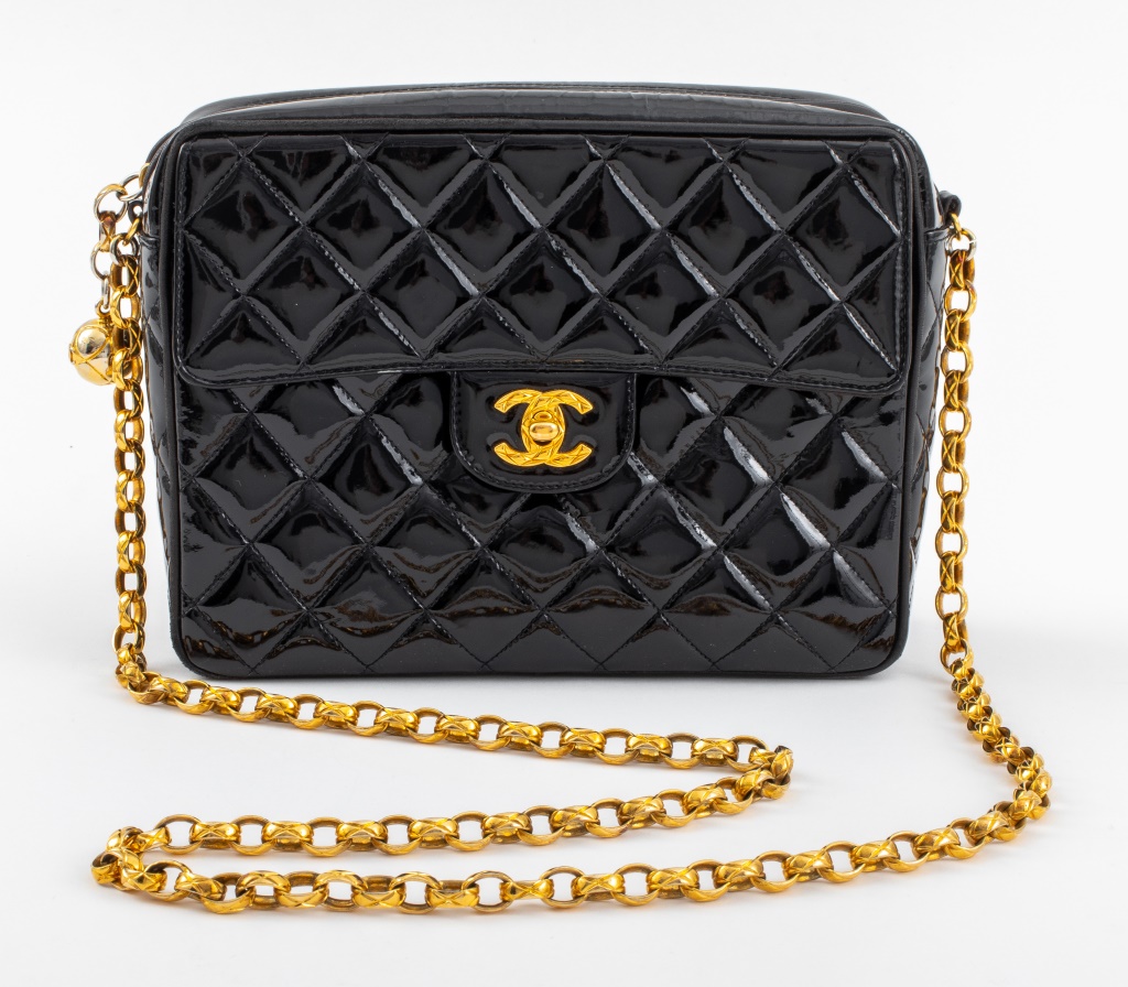 CHANEL QUILTED BLACK PATENT LEATHER