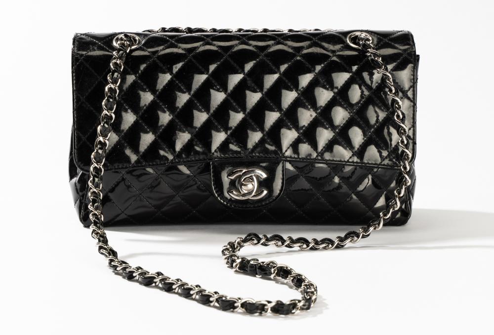 CHANEL QUILTED BLACK PATENT LEATHER