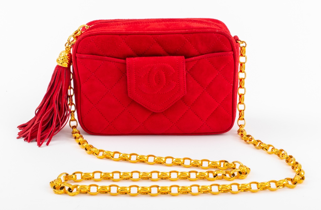 CHANEL QUILTED RED SUEDE HANDBAG