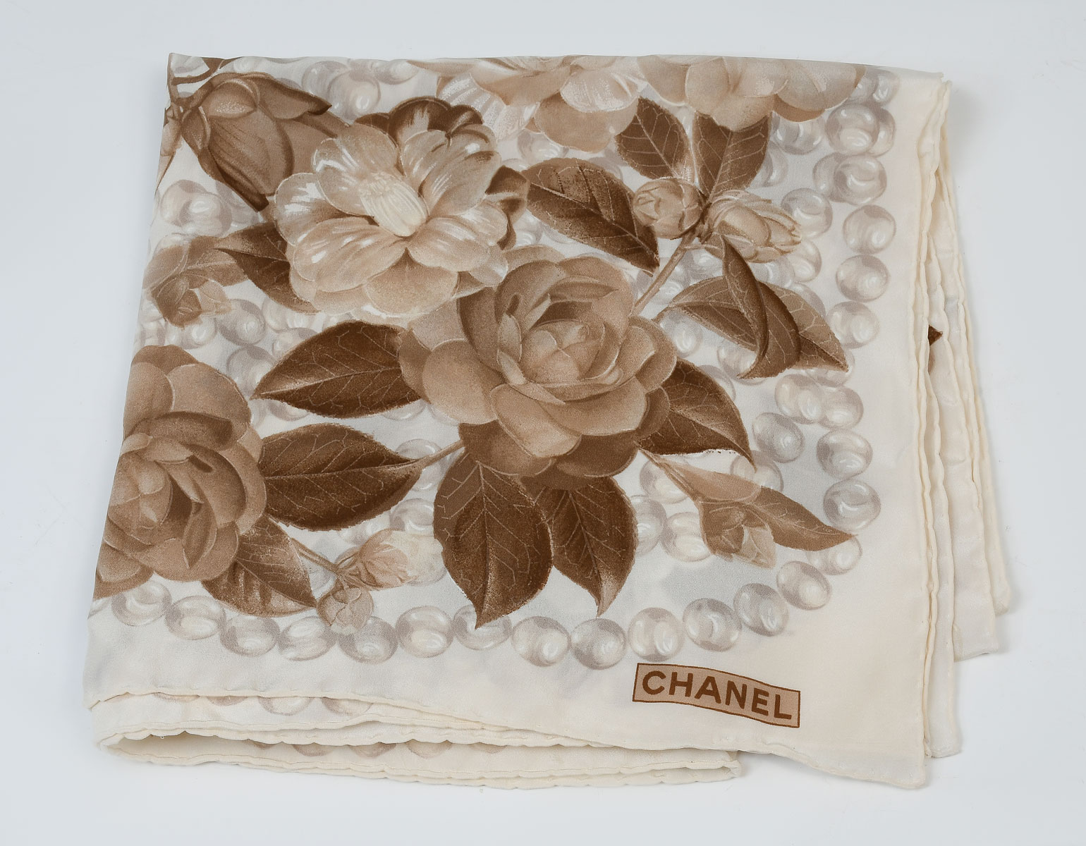 CHANEL SILK CAMELLIA SCARF IN BROWN