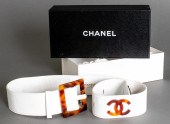 CHANEL WHITE LEATHER LOGO BELT