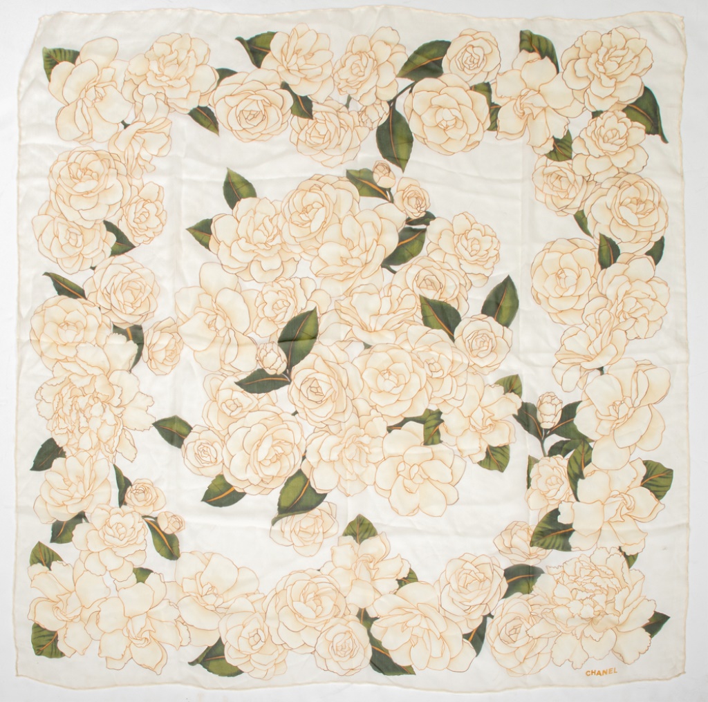 CHANEL WHITE ROSE MOTIF SQUARE SILK
