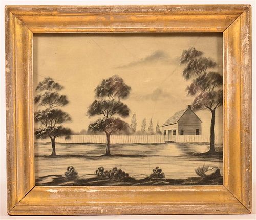 CHARCOAL DRAWING OF A LOG HOME WITH