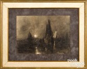 CHARCOAL MOONLIT HARBOR SCENE,