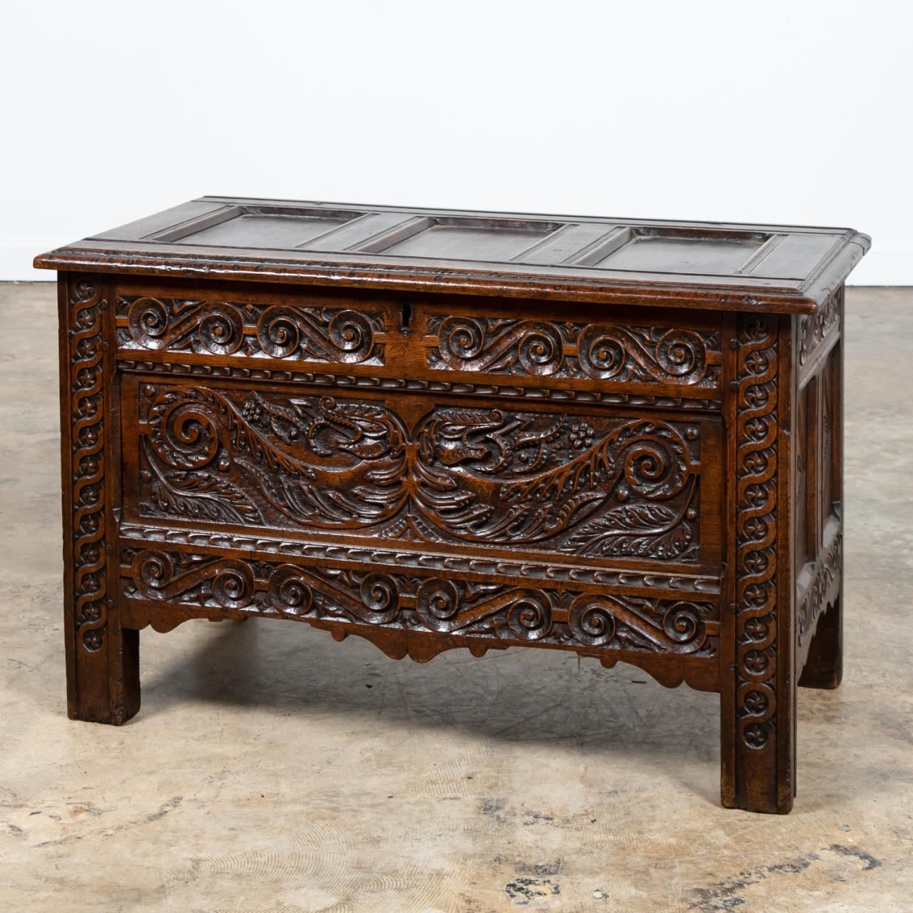 CHARLES I WELL CARVED OAK COFFER,