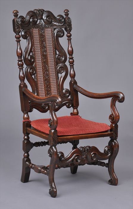 CHARLES II CARVED WALNUT ARMCHAIR