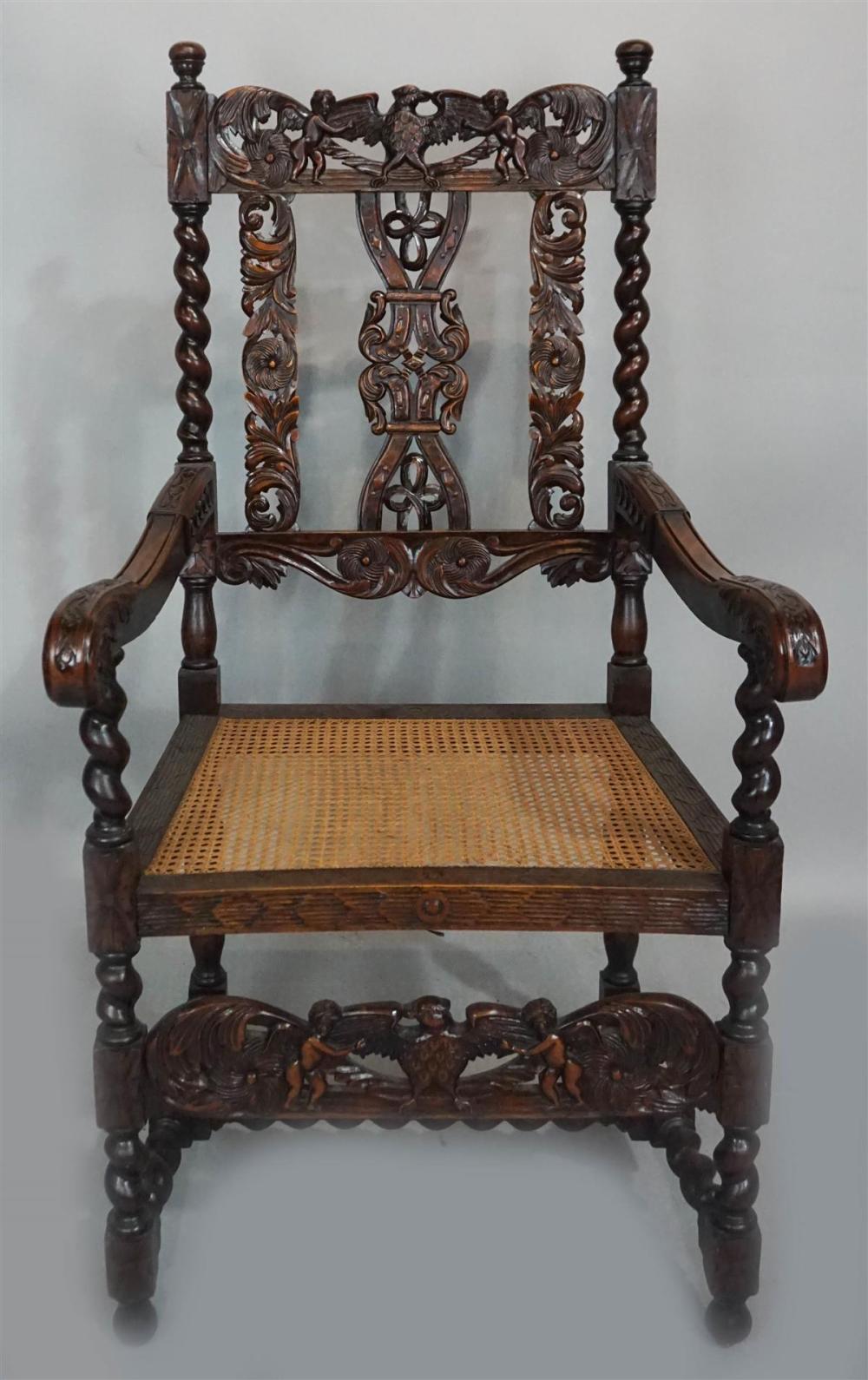 CHARLES II STYLE CANED WALNUT ARM