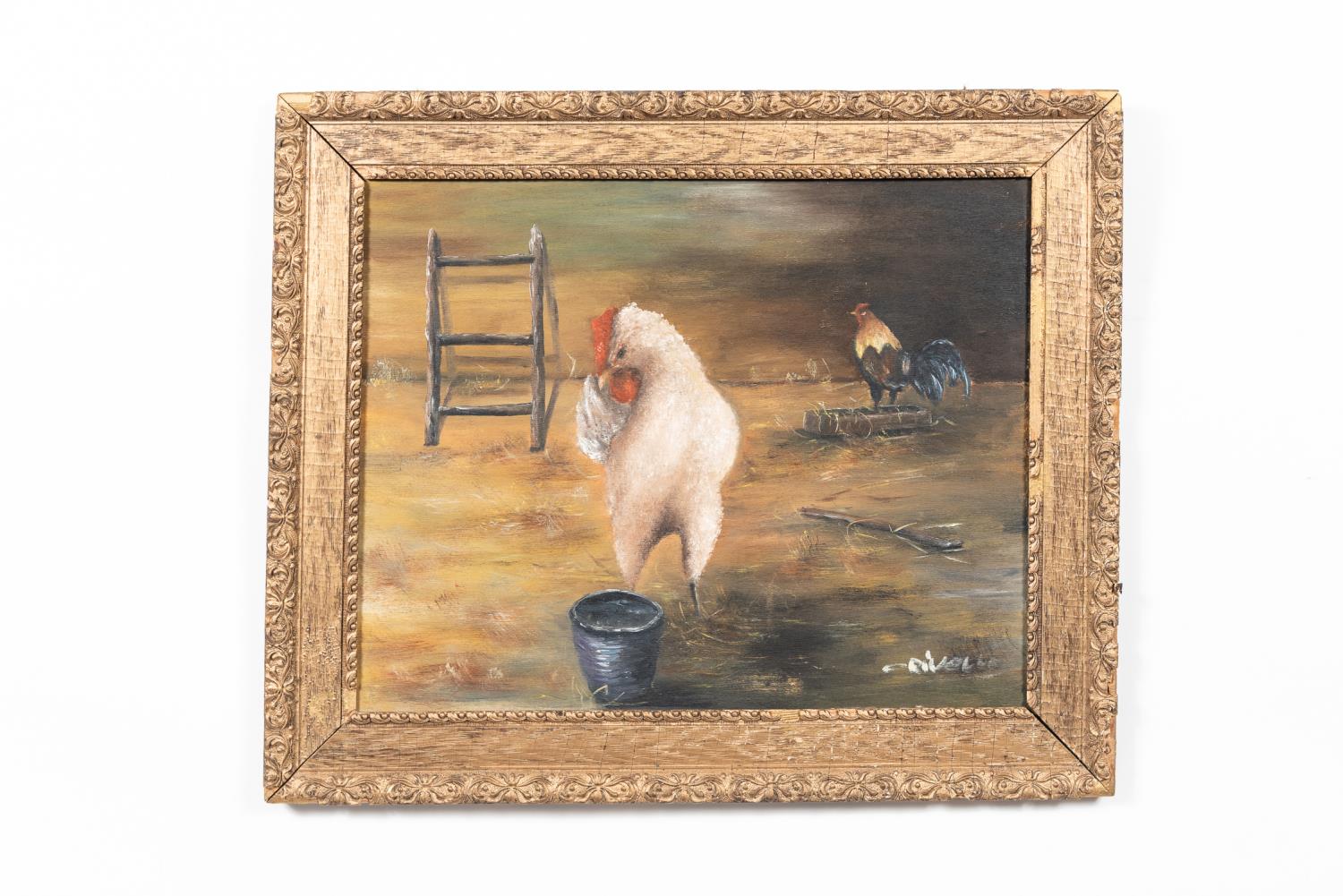 CHICKEN AND ROOSTER OIL ON PANEL,