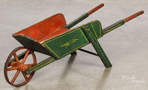 CHILD'S PAINTED PINE WHEELBARROW,