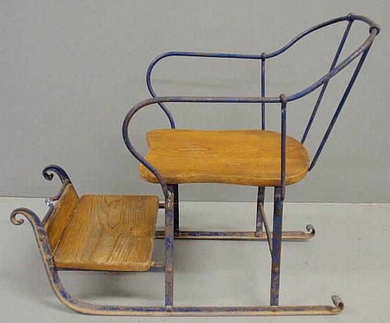 Child's wrought iron and oak sleigh