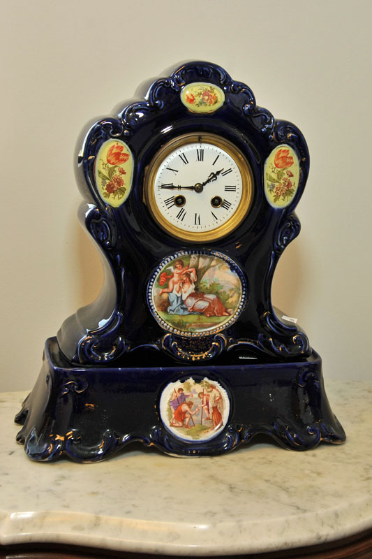 CHINA MANTLE CLOCK AND BASE. Cobalt