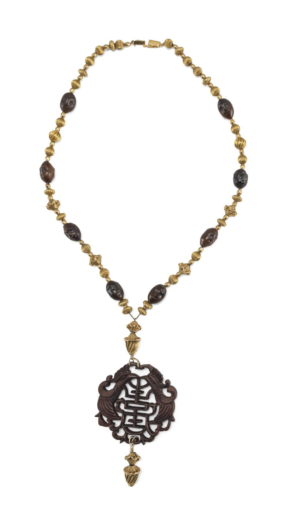 CHINESE 14KT GOLD AND TEAKWOOD