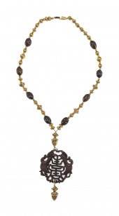 CHINESE 14KT GOLD AND TEAKWOOD