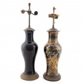 CHINESE, 2 BLACK GLAZE WILLOW