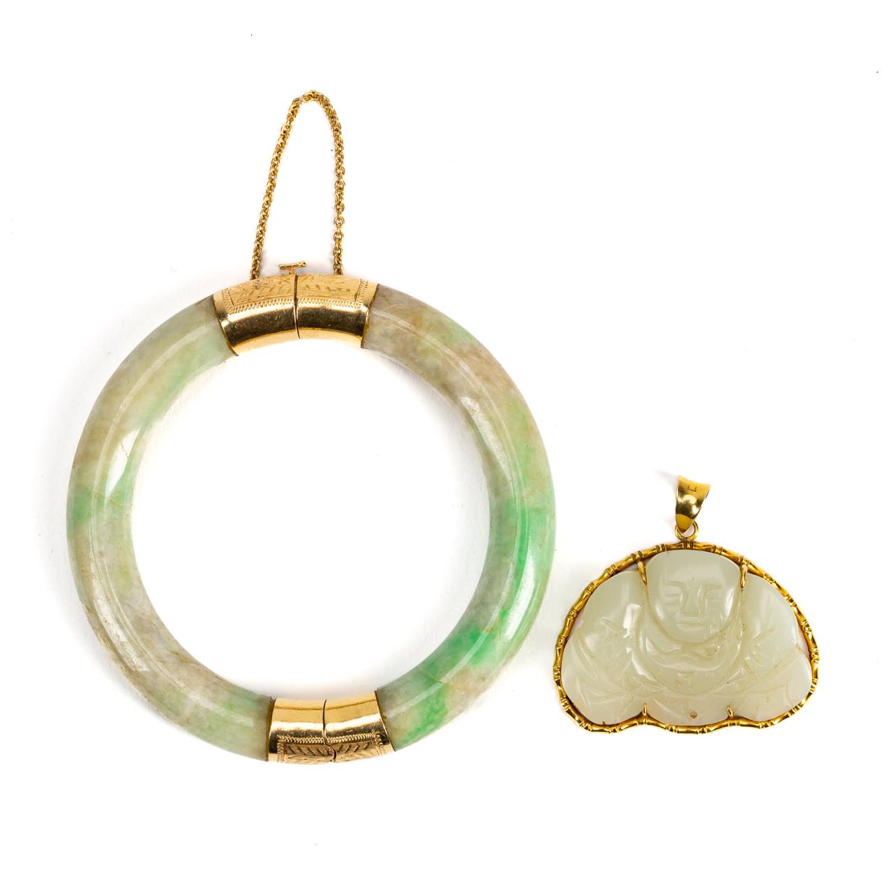 CHINESE 2PCS JADE, 14K GOLD