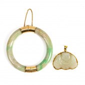 CHINESE 2PCS JADE, 14K GOLD BA