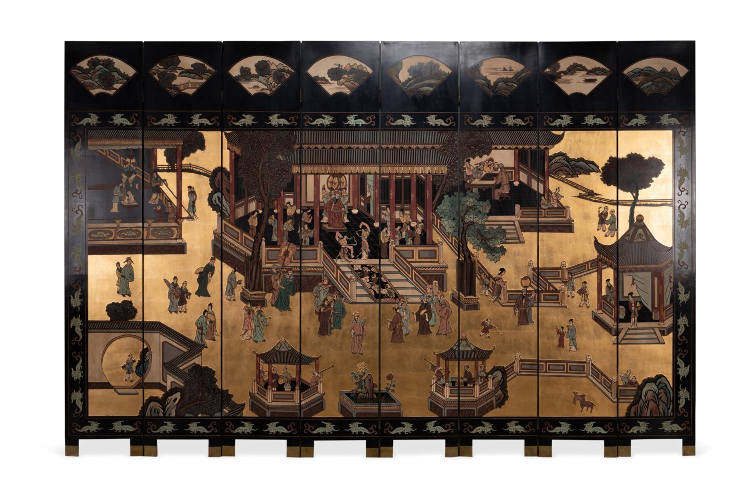 CHINESE 8-PANEL LACQUER SCREEN W/