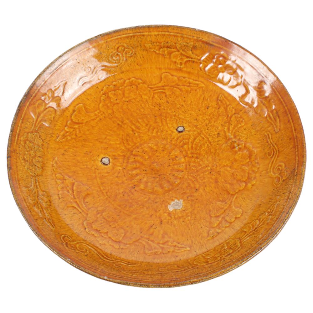 CHINESE AMBER GLAZE FLORAL RELIEF