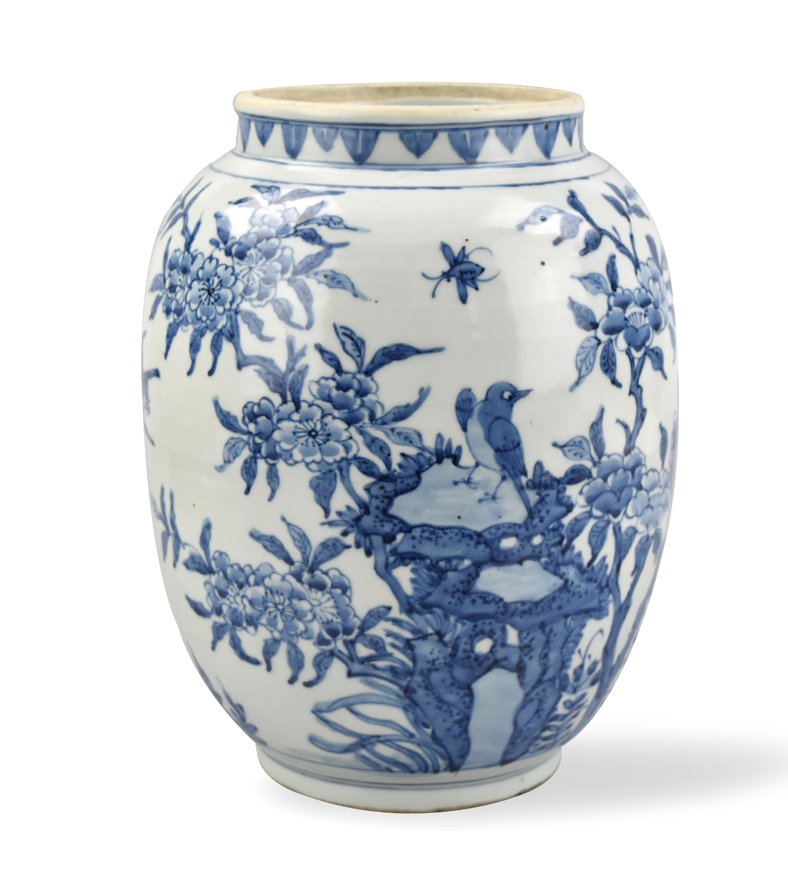 CHINESE B & W JAR W/ BIRDS&FLOWERS,