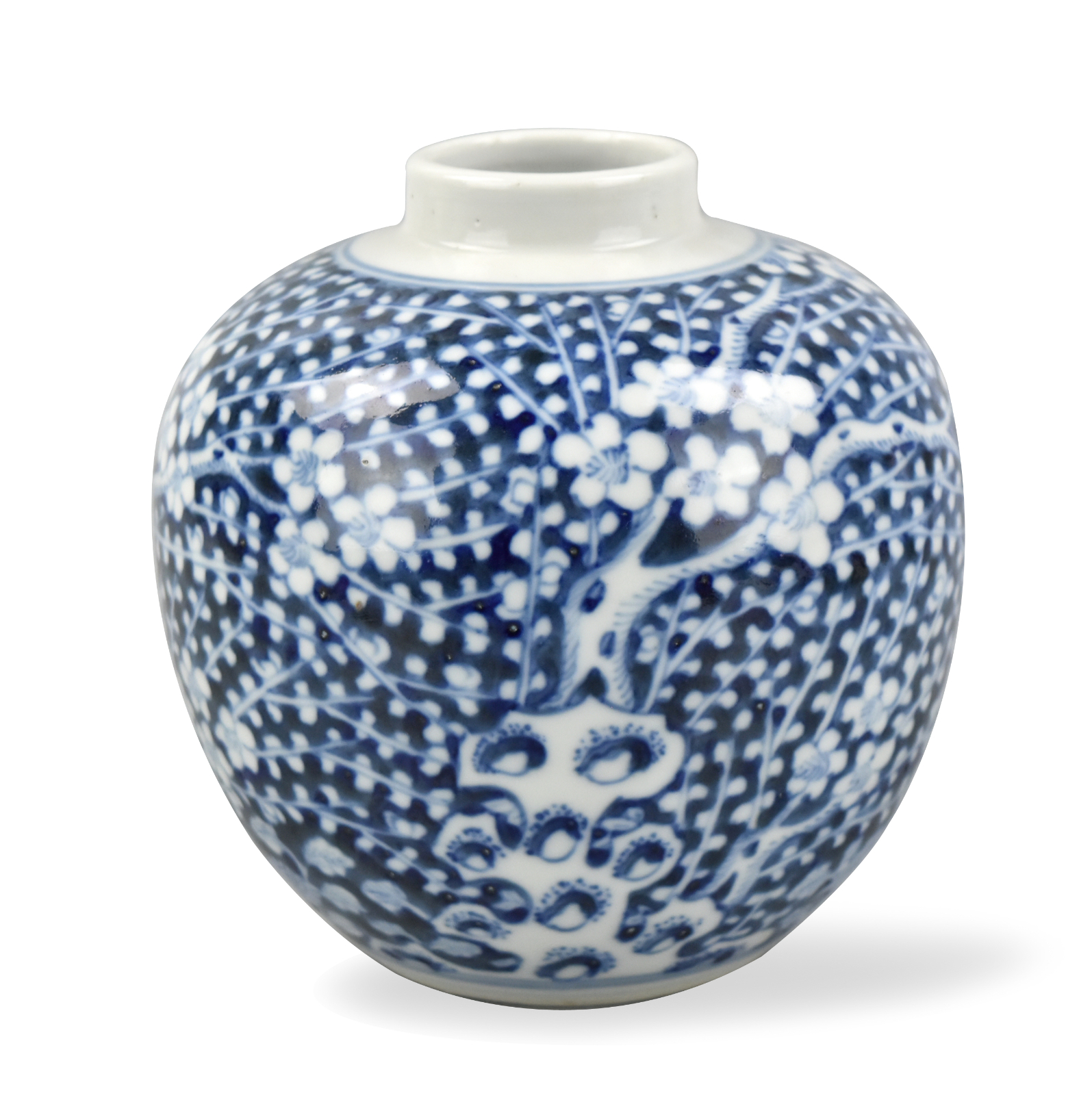 CHINESE B & W PLUM BLOSSOM JAR,
