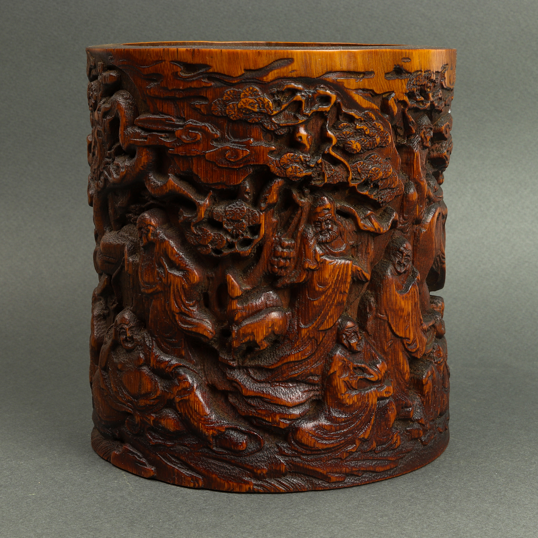 CHINESE BAMBOO 'LUOHAN' BRUSH POT