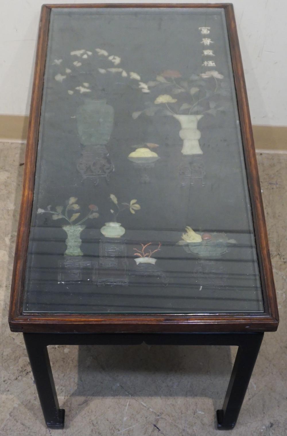 CHINESE BLACK LACQUER AND SOAPSTONE