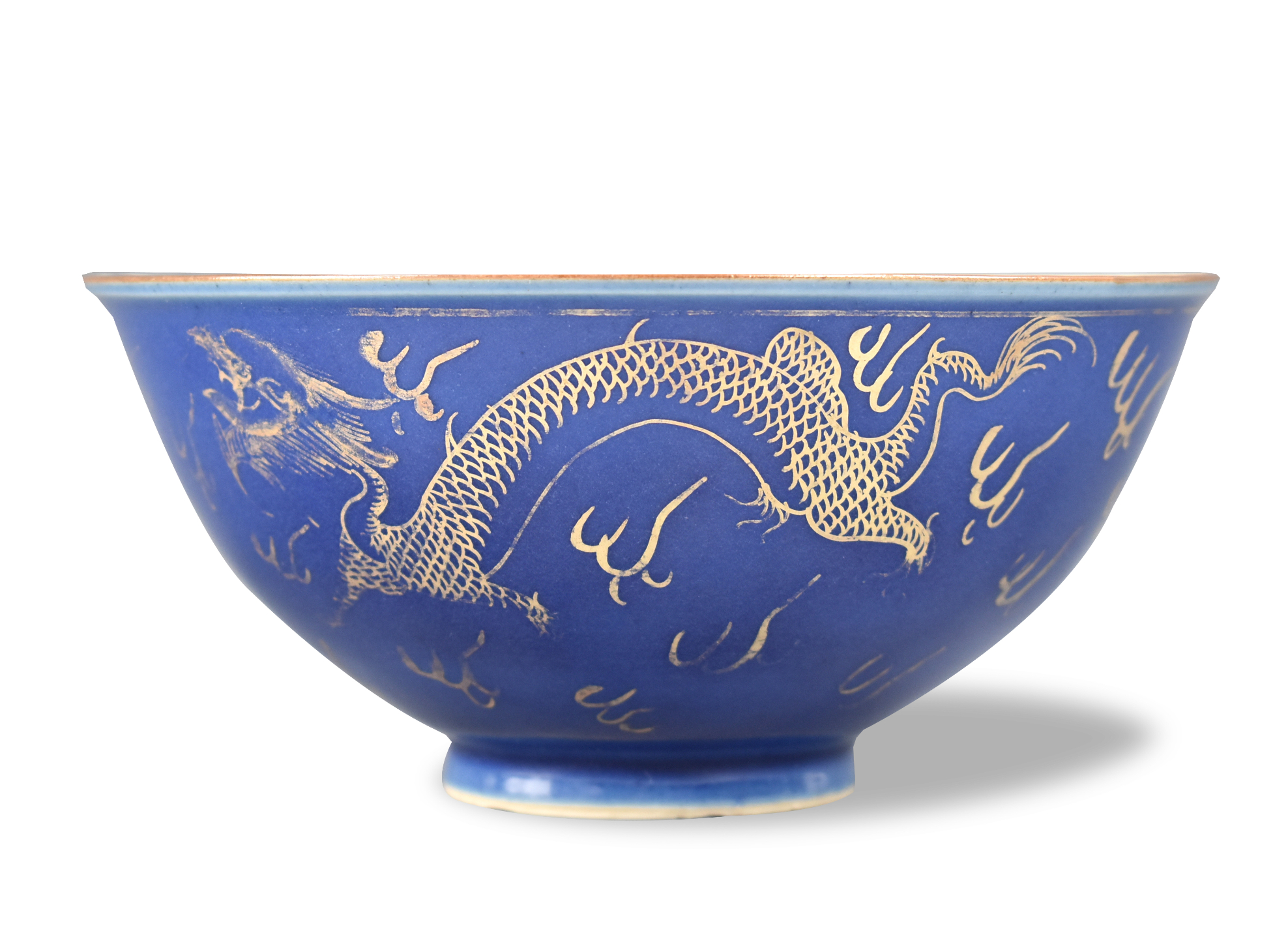 CHINESE BLUE & GILT DRAGON BOWL,