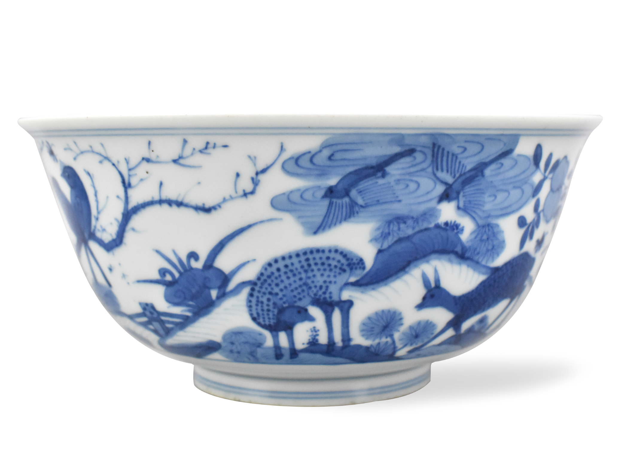 CHINESE BLUE & WHITE DEER BOWL W/
