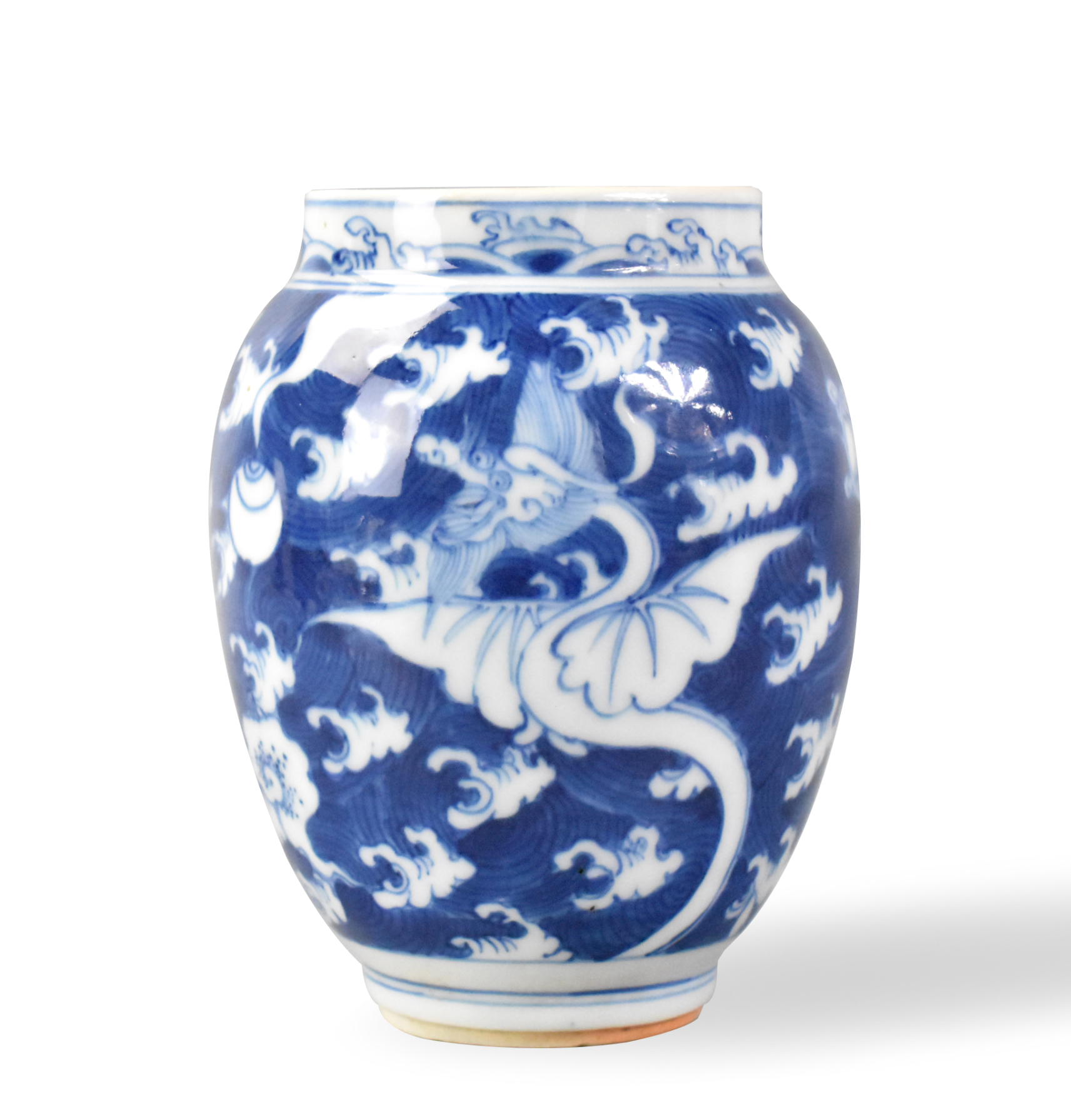 CHINESE BLUE & WHITE JAR W/ MONSTER