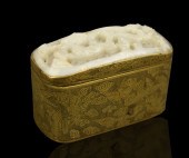 CHINESE BRASS BOX W/ JADE DRAG