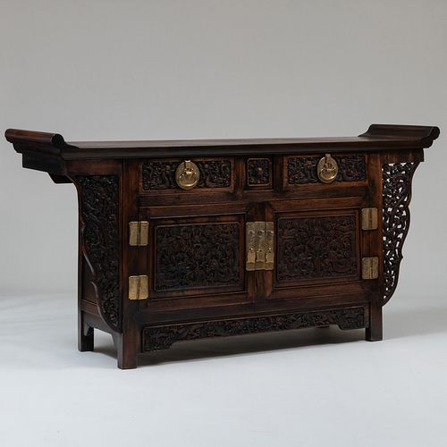 CHINESE BRASS-MOUNTED CARVED