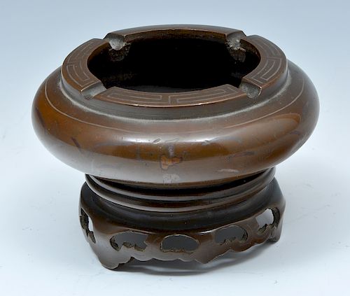 CHINESE BRONZE ASHTRAY AND STAND